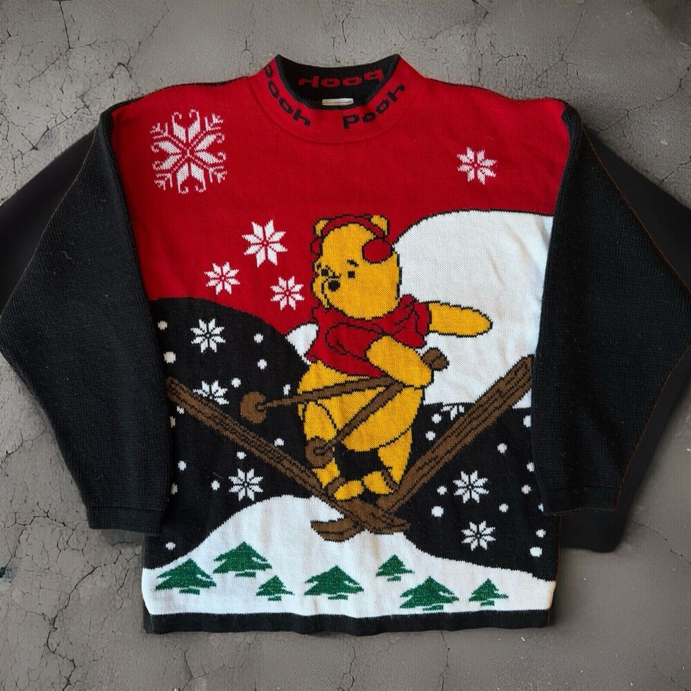 Vintage Winnie the Pooh Sweater Women's M Multicolor Ski Cute Pullover Cartoon